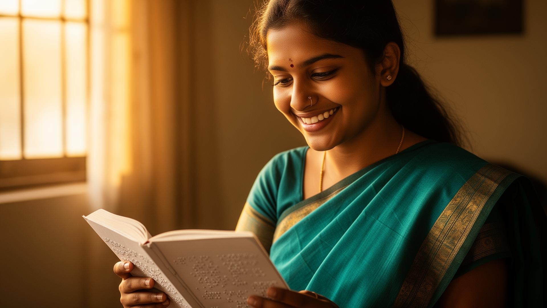 A visually impaired young woman smiling while reading a braille book in warm light